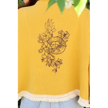 Modèle Unique Kimono Coton "Ocre jaune" sérigraphié taille unique
