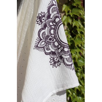 Modèle Unique Kimono Long Coton "Blanc cassé" sérigraphie "Mandalas" taille unique