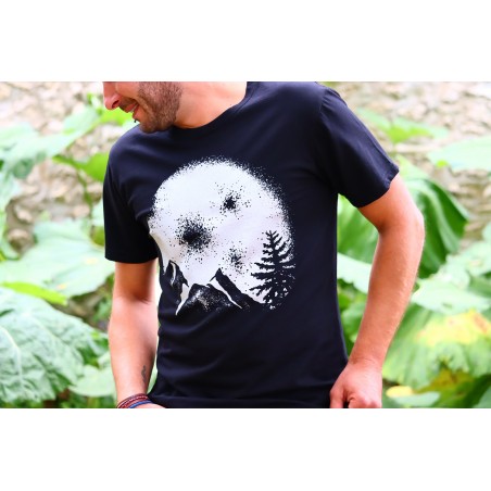 T-Shirt Noir Homme "Lune" sérigraphié-main.