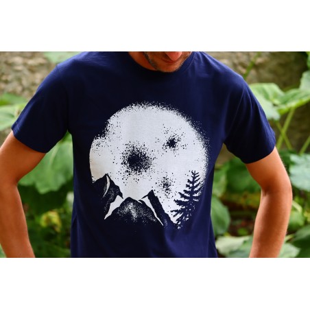 T-Shirt bleu Homme "Lune" sérigraphié-main.