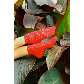 Chaussettes sérigraphiées-main motif "Pétales" argent sur rouge